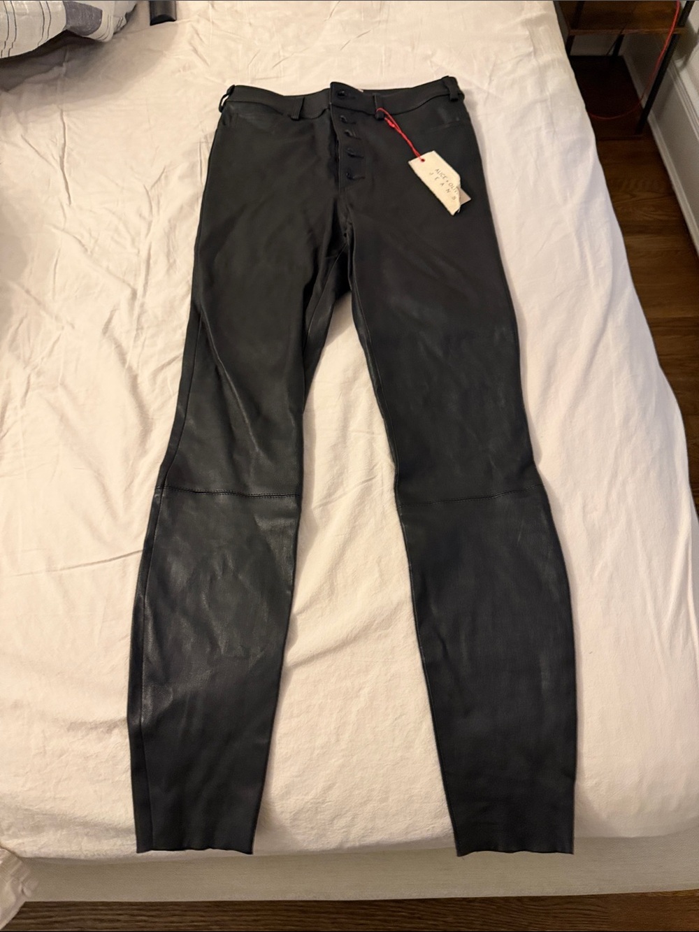 Alice + Olivia Black Leather Button-Fly Pants